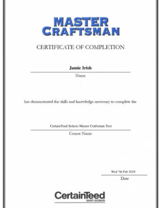 CertainTeed Selects Master Craftsman Certification